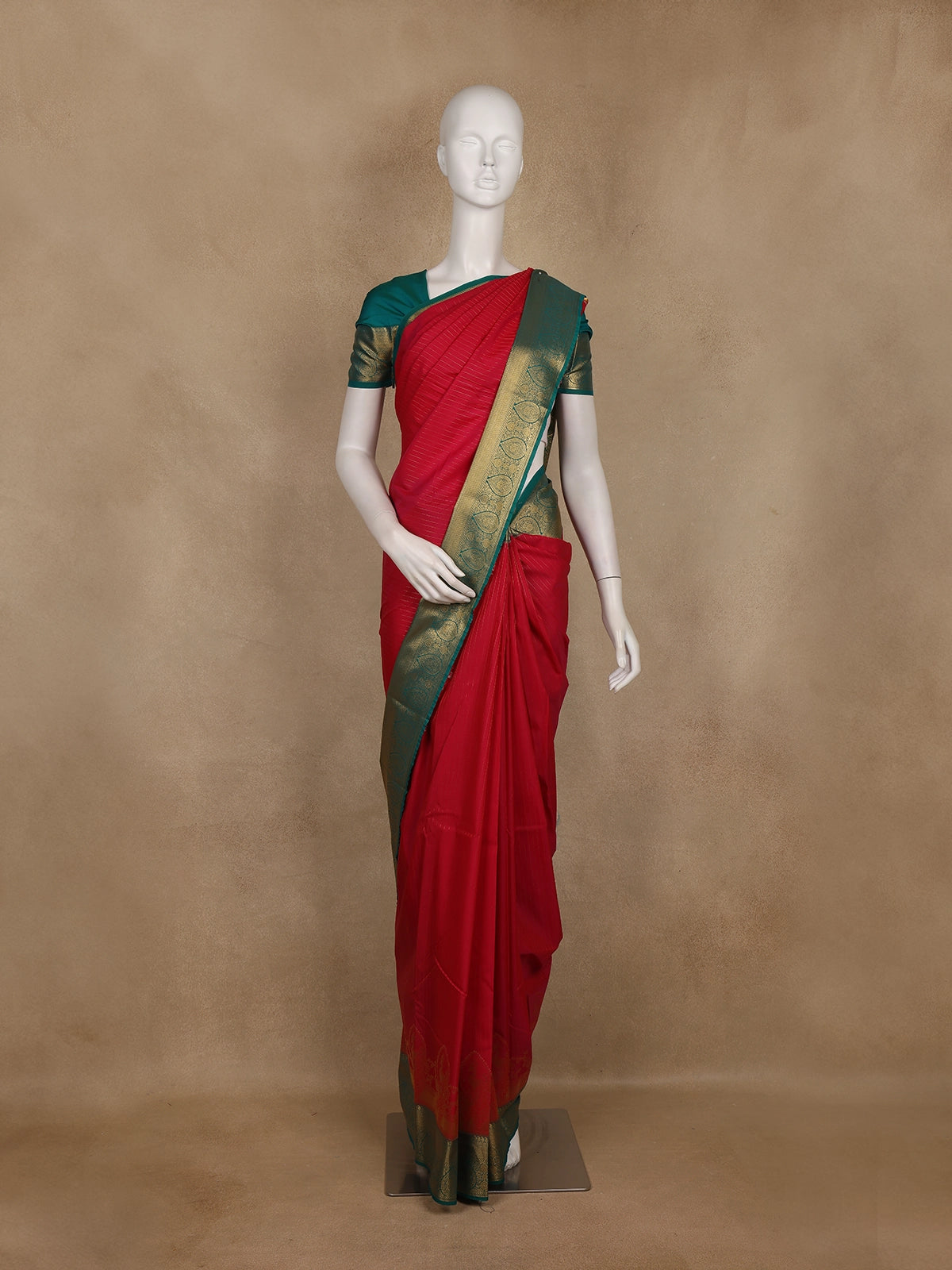 Dark Pink Stripes Woven Semi Silk Saree with Contrast Green Zari Border