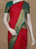 Dark Pink Stripes Woven Semi Silk Saree with Contrast Green Zari Border