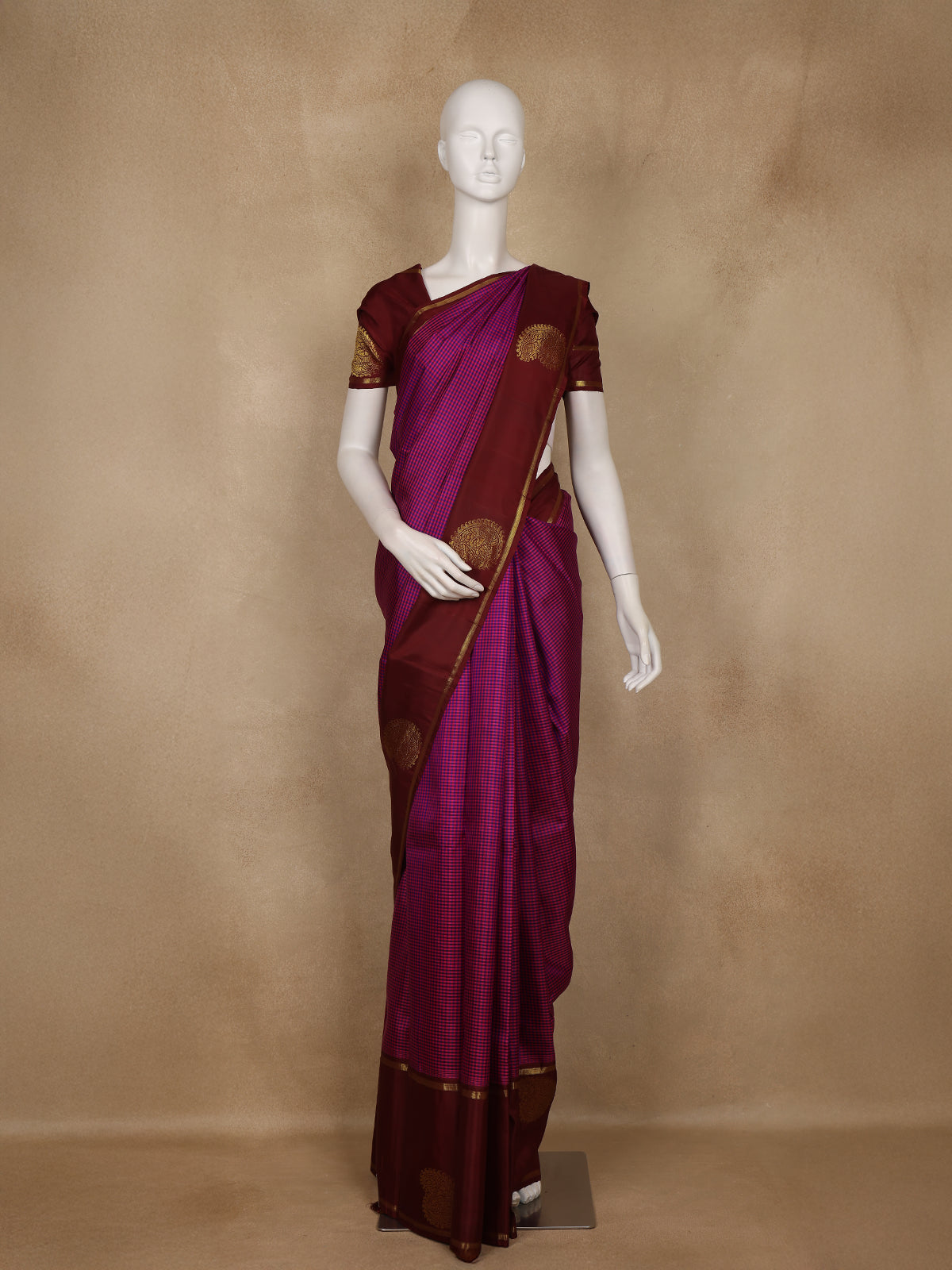 Dark Pink and Violet Checks Woven Pure Kanchipuram Silk Saree