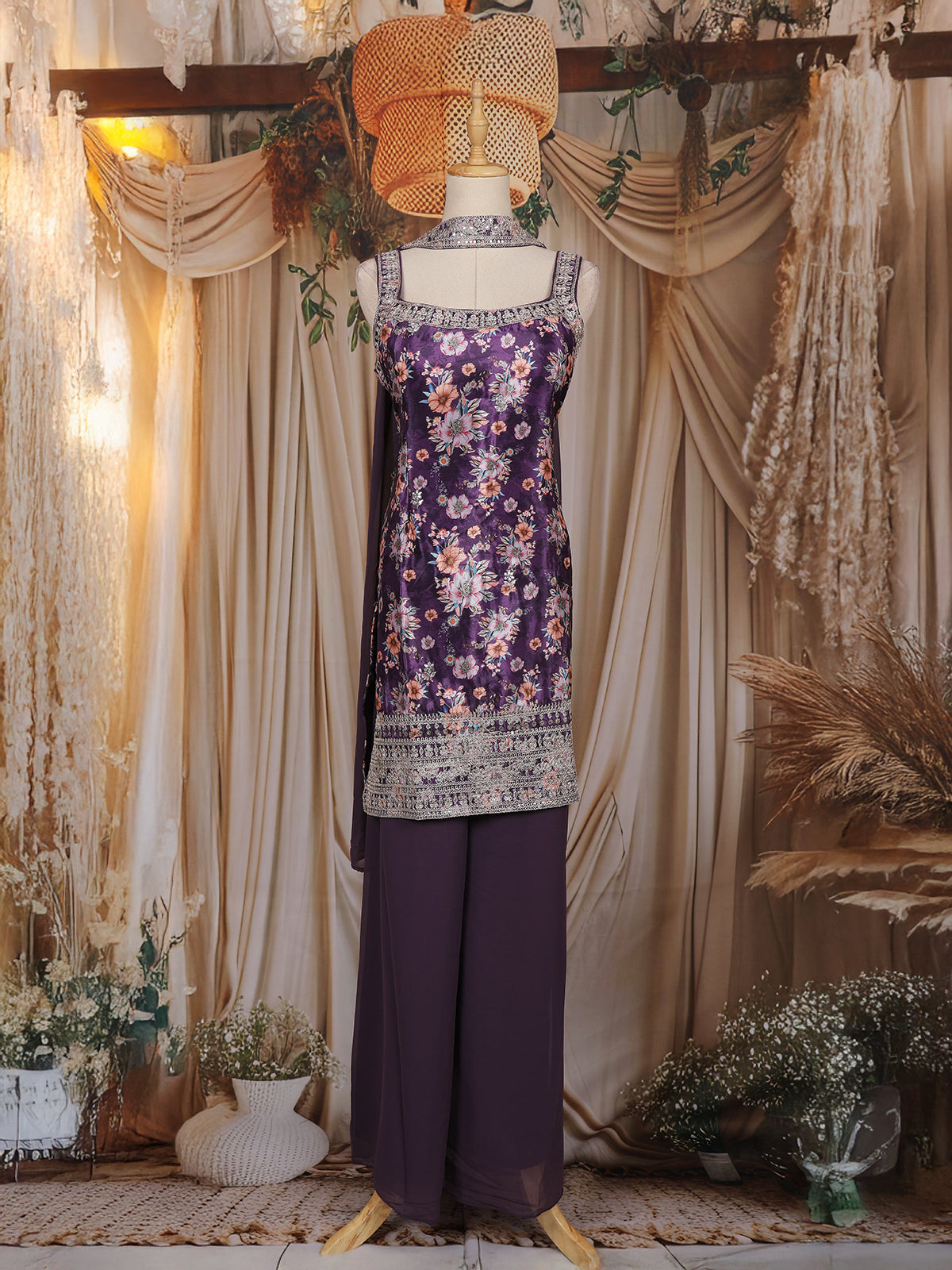 Dark Purple Floral Design Chiffon Palazzo Suit with Dupatta