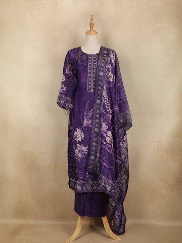 Dark Purple Floral Design Printed Organza Salwar Suit - Diadem