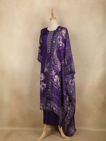 Dark Purple Floral Design Printed Organza Salwar Suit - Diadem