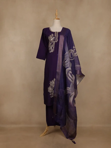 Dark Purple Floral Embroidered Cotton Salwar Suit With Dupatta - Diadem
