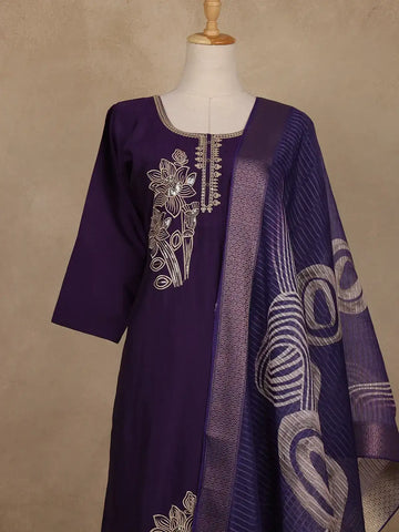 Dark Purple Floral Embroidered Cotton Salwar Suit With Dupatta - Diadem
