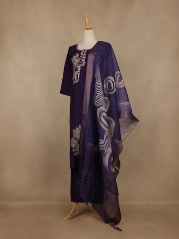 Dark Purple Floral Embroidered Cotton Salwar Suit With Dupatta - Diadem