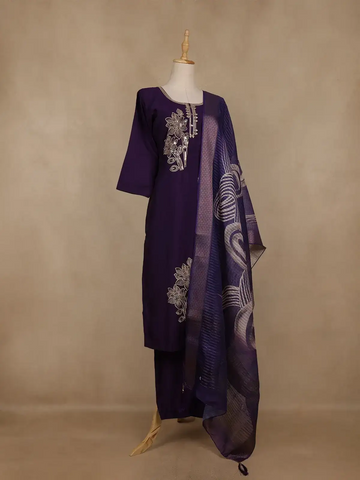 Dark Purple Floral Embroidered Cotton Salwar Suit With Dupatta - Diadem