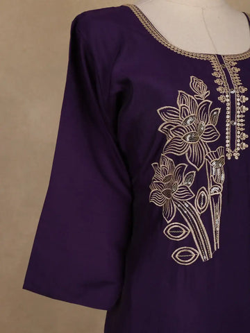 Dark Purple Floral Embroidered Cotton Salwar Suit With Dupatta - Diadem