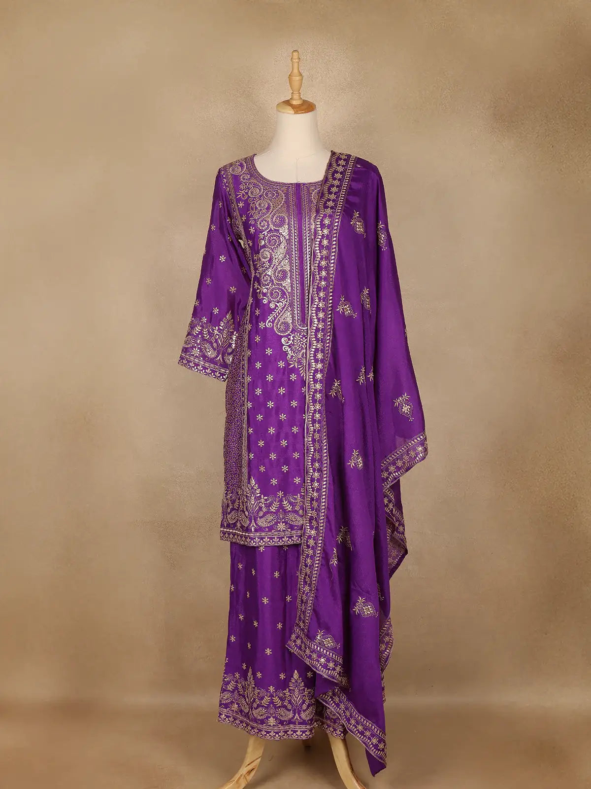 Dark Purple Floral Embroidered Georgette Palazzo Suit - Diadem