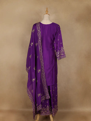 Dark Purple Floral Embroidered Georgette Palazzo Suit - Diadem