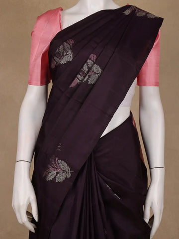 Dark Purple Floral Woven Pure Kanchipuram Silk Saree - Diadem