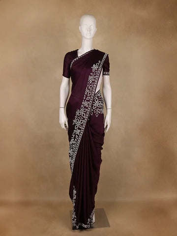 Dark Purple Solid Design Satin Silk Saree With Stone Embellished Border - Diadem