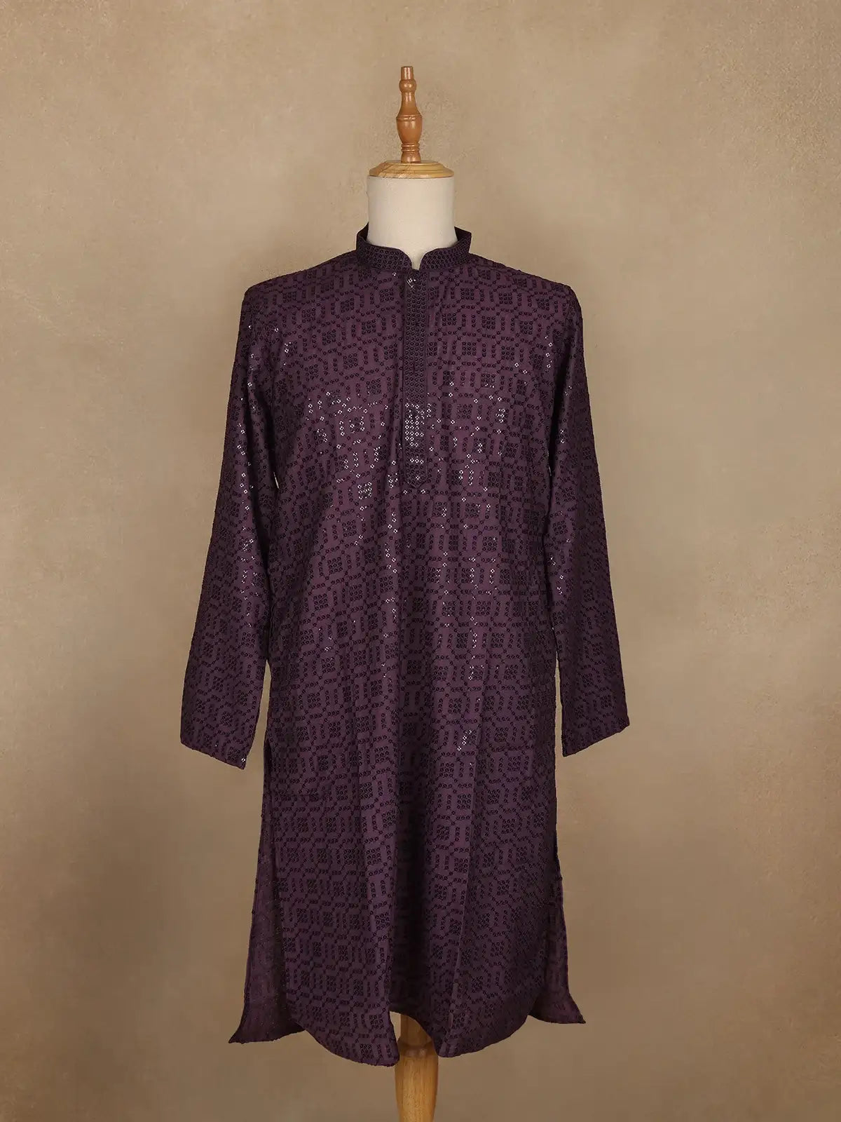 Dark Purple Thread Embroidered Sequin Work Cotton Kurta For Men - Diadem