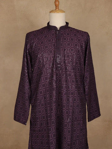 Dark Purple Thread Embroidered Sequin Work Cotton Kurta For Men - Diadem