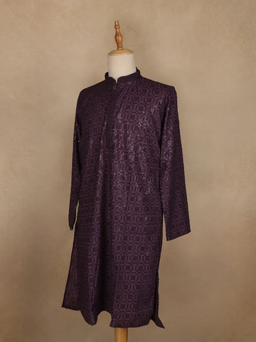 Dark Purple Thread Embroidered Sequin Work Cotton Kurta For Men - Diadem