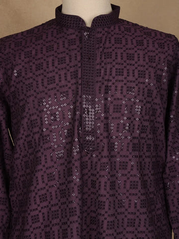 Dark Purple Thread Embroidered Sequin Work Cotton Kurta For Men - Diadem