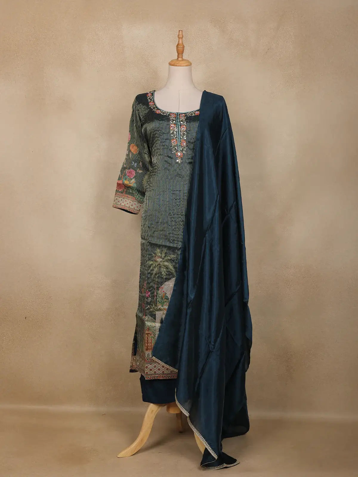 Dark Teal Blue Embroidered Design Tissue Silk Salwar Suit