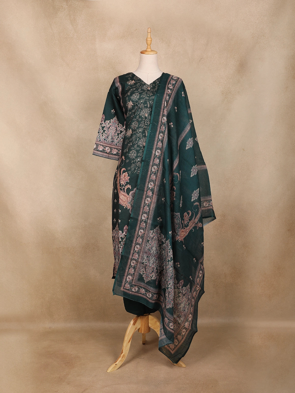 Dark Teal Green Floral Printed Cotton Salwar Suit
