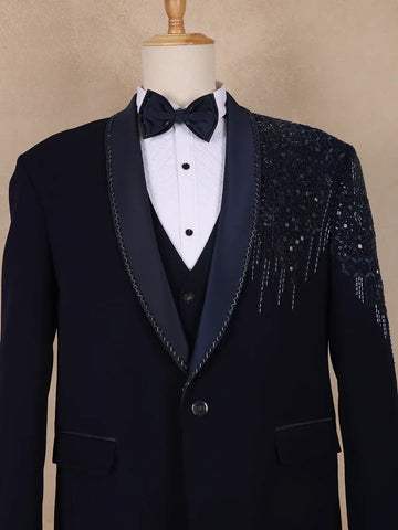 Dark Blue Abstract Designed Men's Suit for Reception - Diadem