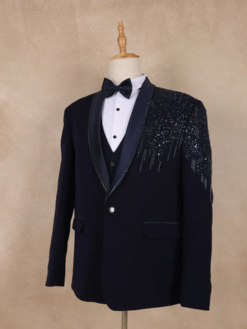 Dark Blue Abstract Designed Men's Suit for Reception - Diadem