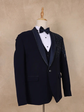 Dark Blue Abstract Designed Men's Suit for Reception - Diadem