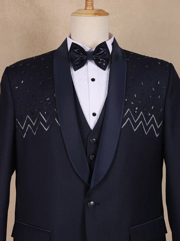 Dark Blue Abstract Designed Men's Suit for Reception - Diadem