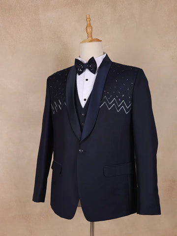 Dark Blue Abstract Designed Men's Suit for Reception - Diadem