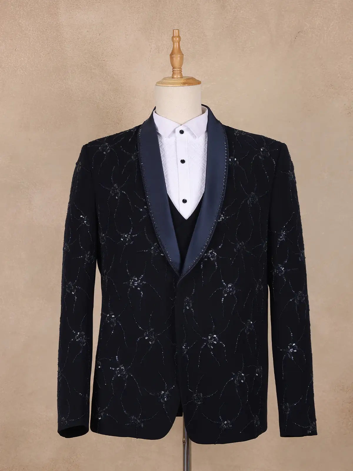 Dark Blue Floral Designed Men's Suit - Diadem