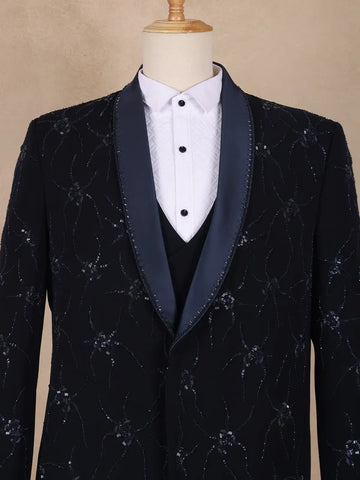 Dark Blue Floral Designed Men's Suit - Diadem