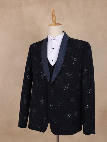 Dark Blue Floral Designed Men's Suit - Diadem