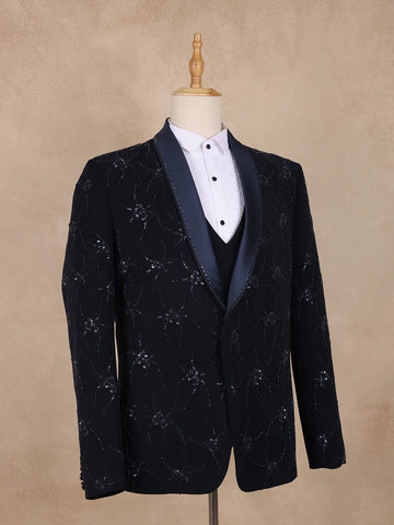 Dark Blue Floral Designed Men's Suit - Diadem