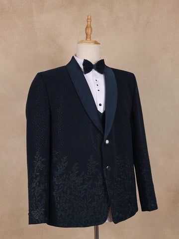 Dark Blue Floral Designed Men's Suit - Diadem