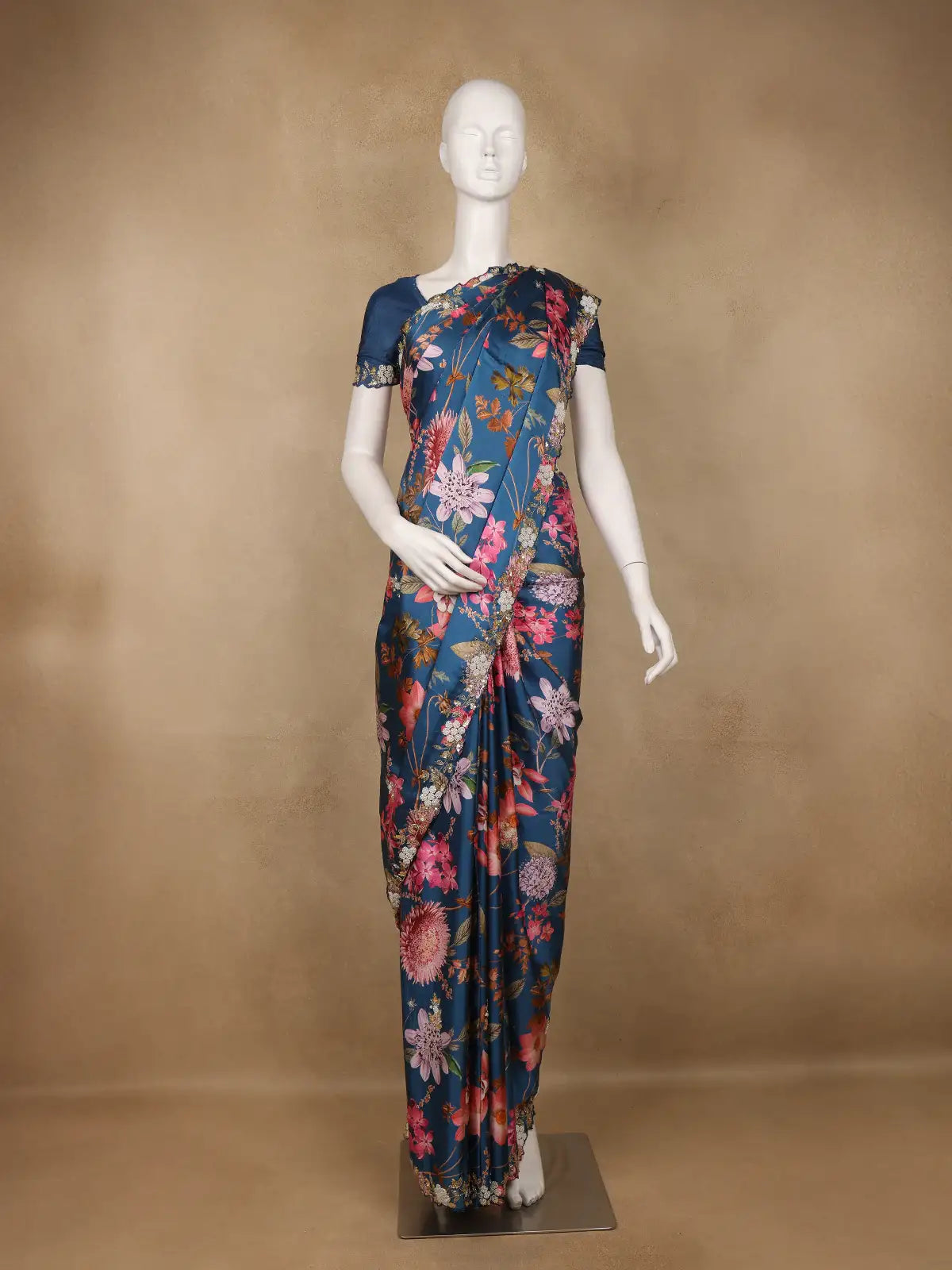 Dark Blue Floral Designed Satin Saree - Diadem