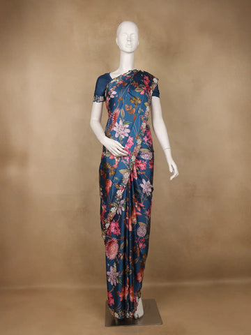Dark Blue Floral Designed Satin Saree - Diadem