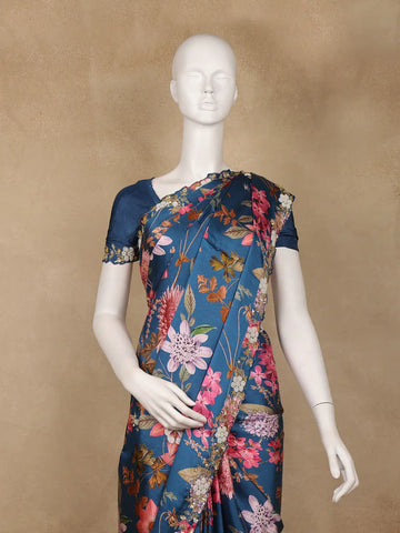 Dark Blue Floral Designed Satin Saree - Diadem
