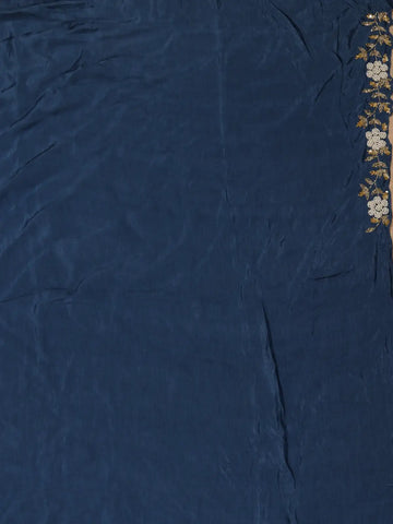 Dark Blue Floral Designed Satin Saree - Diadem