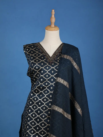 Dark Blue Floral Designed Semi Silk Salwar Suit - Diadem