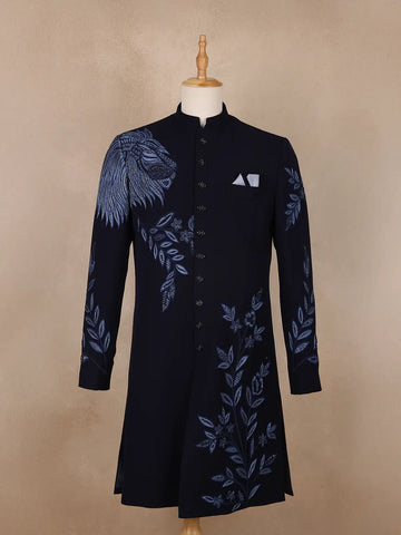 Dark Blue Floral Designed Sherwani Suit - Diadem
