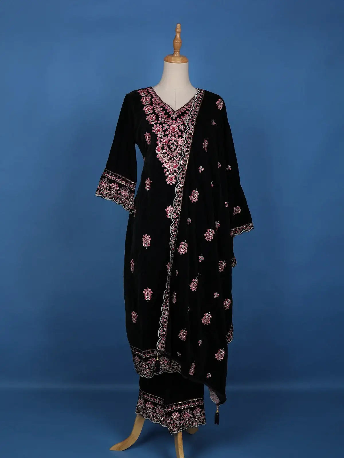 Dark Blue Floral Designed Velvet Salwar Suit - Diadem
