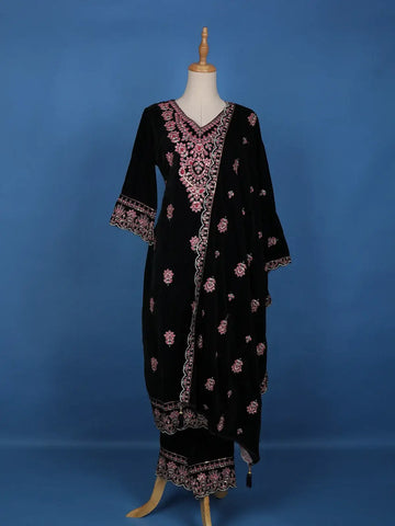 Dark Blue Floral Designed Velvet Salwar Suit - Diadem