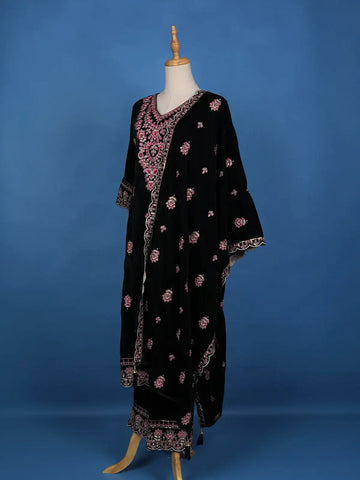 Dark Blue Floral Designed Velvet Salwar Suit - Diadem