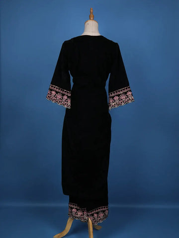 Dark Blue Floral Designed Velvet Salwar Suit - Diadem