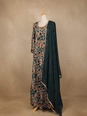 Dark Blue Floral Printed Crepe Gown - Diadem