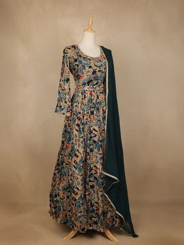 Dark Blue Floral Printed Crepe Gown - Diadem