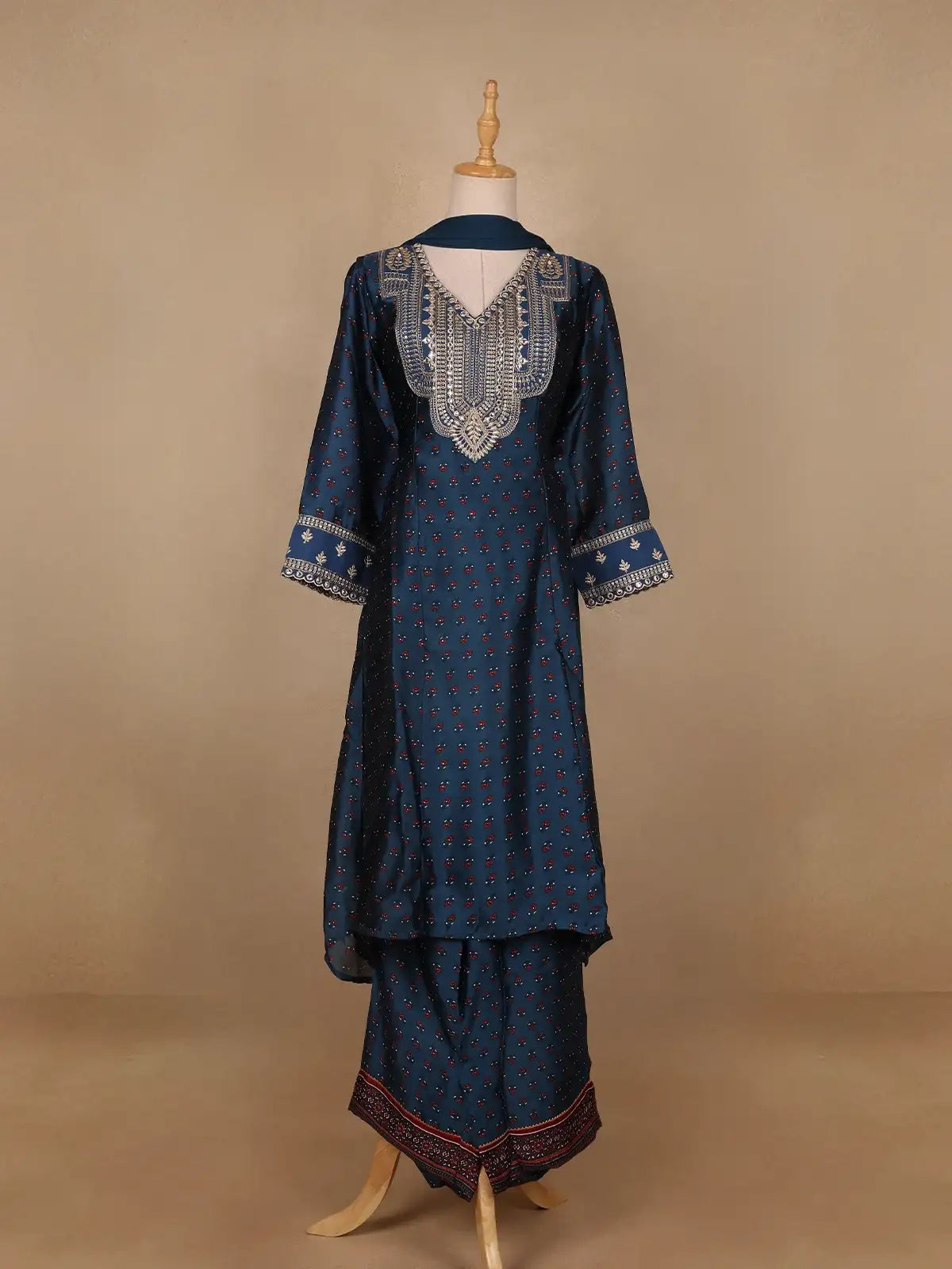 Dark Blue Floral Printed Semi Silk Salwar Suit - Diadem