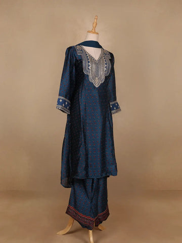 Dark Blue Floral Printed Semi Silk Salwar Suit - Diadem