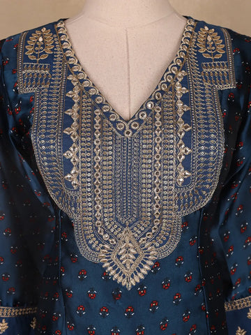 Dark Blue Floral Printed Semi Silk Salwar Suit - Diadem