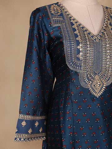 Dark Blue Floral Printed Semi Silk Salwar Suit - Diadem