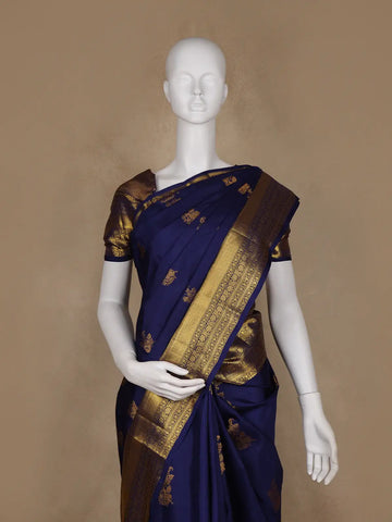 Dark Blue Floral Woven Pure Kanchipuram Silk Saree - Diadem