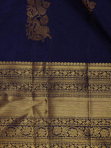 Dark Blue Floral Woven Pure Kanchipuram Silk Saree - Diadem