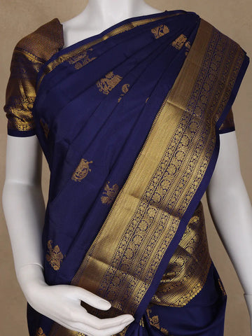 Dark Blue Floral Woven Pure Kanchipuram Silk Saree - Diadem